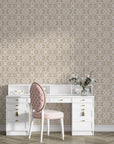 Taupe and ivory Pure Fern Fantasy geometric wallpaper in elegant home office with white vanity desk