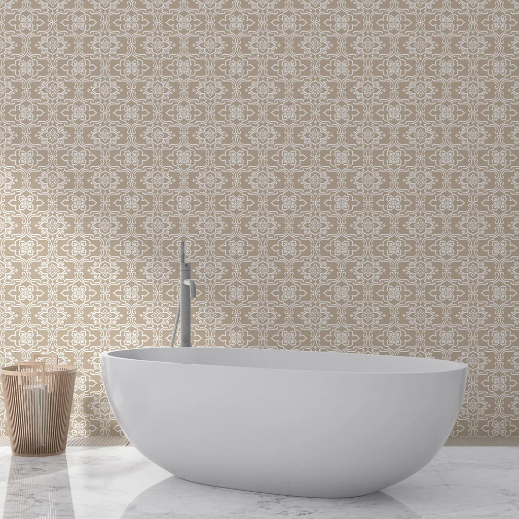 Taupe and white Pure Fern Fantasy peel and stick wallpaper in modern minimalist bathroom