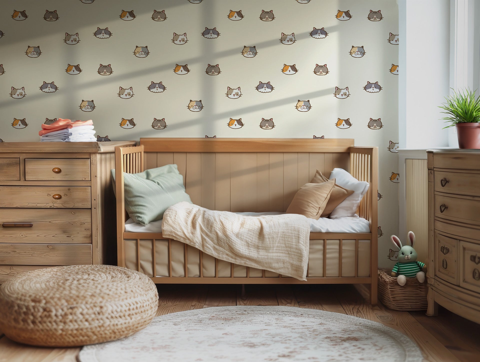 Cute cat wallpaper installed on a kids wall creating a playful and calming atmosphere