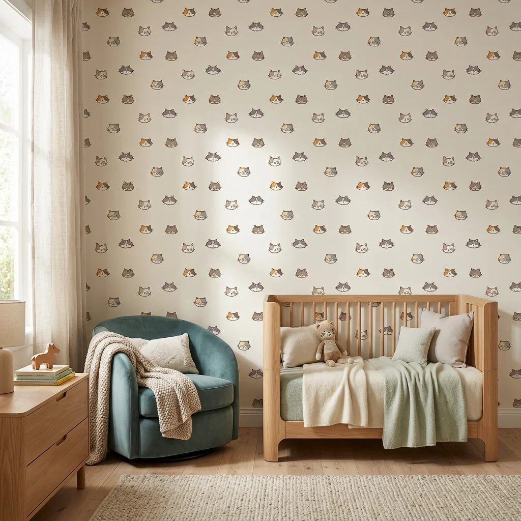 Purr Mirage cat head outline wallpaper in a warm and inviting living room