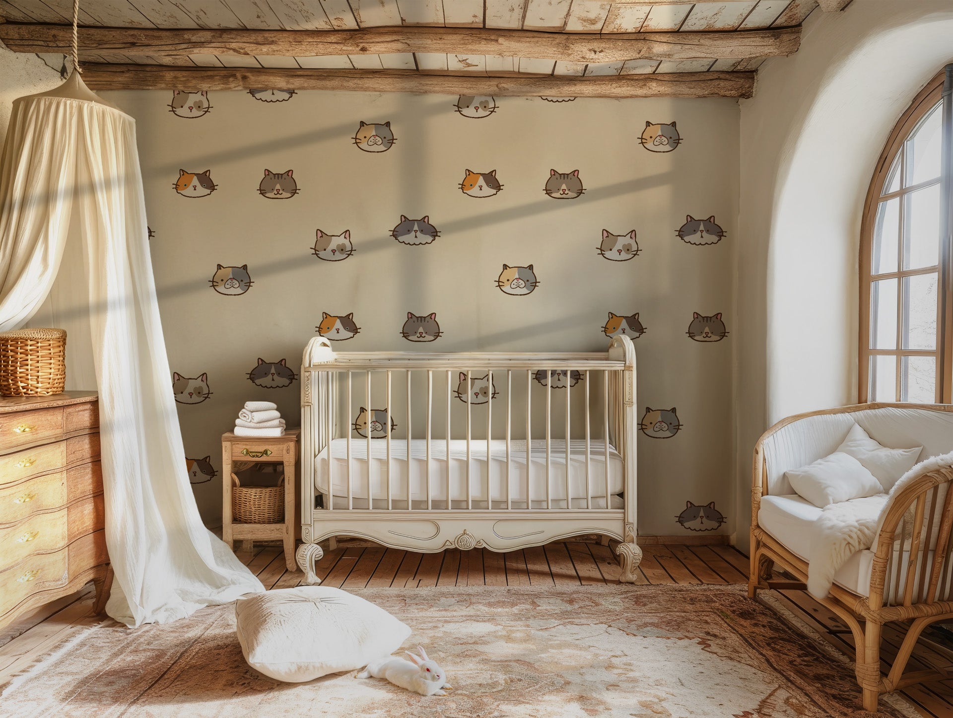 Children’s cat pattern wallpaper displayed on an interior wall with repeating kitten faces