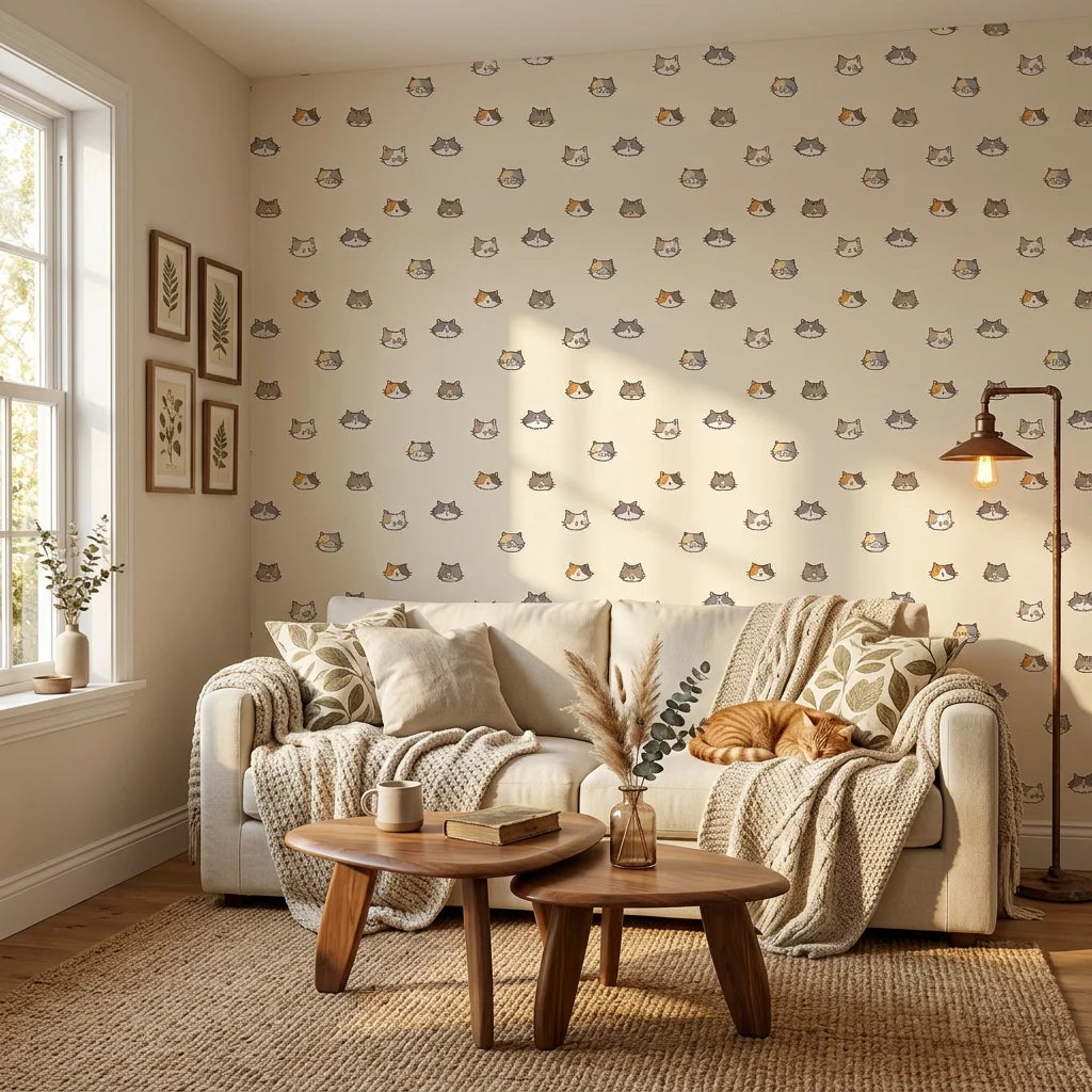 Purr Mirage cat head outline wallpaper as a feature wall in a bright home office
