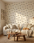 Purr Mirage cat head outline wallpaper as a feature wall in a bright home office