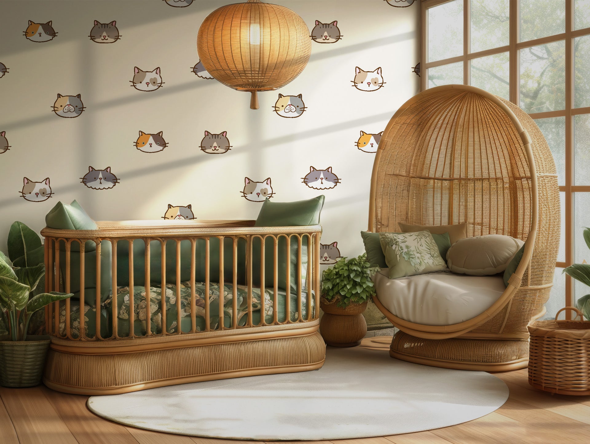 Pale ivory wallpaper featuring a minimalist pattern of sketched cat heads colored with earth hues.