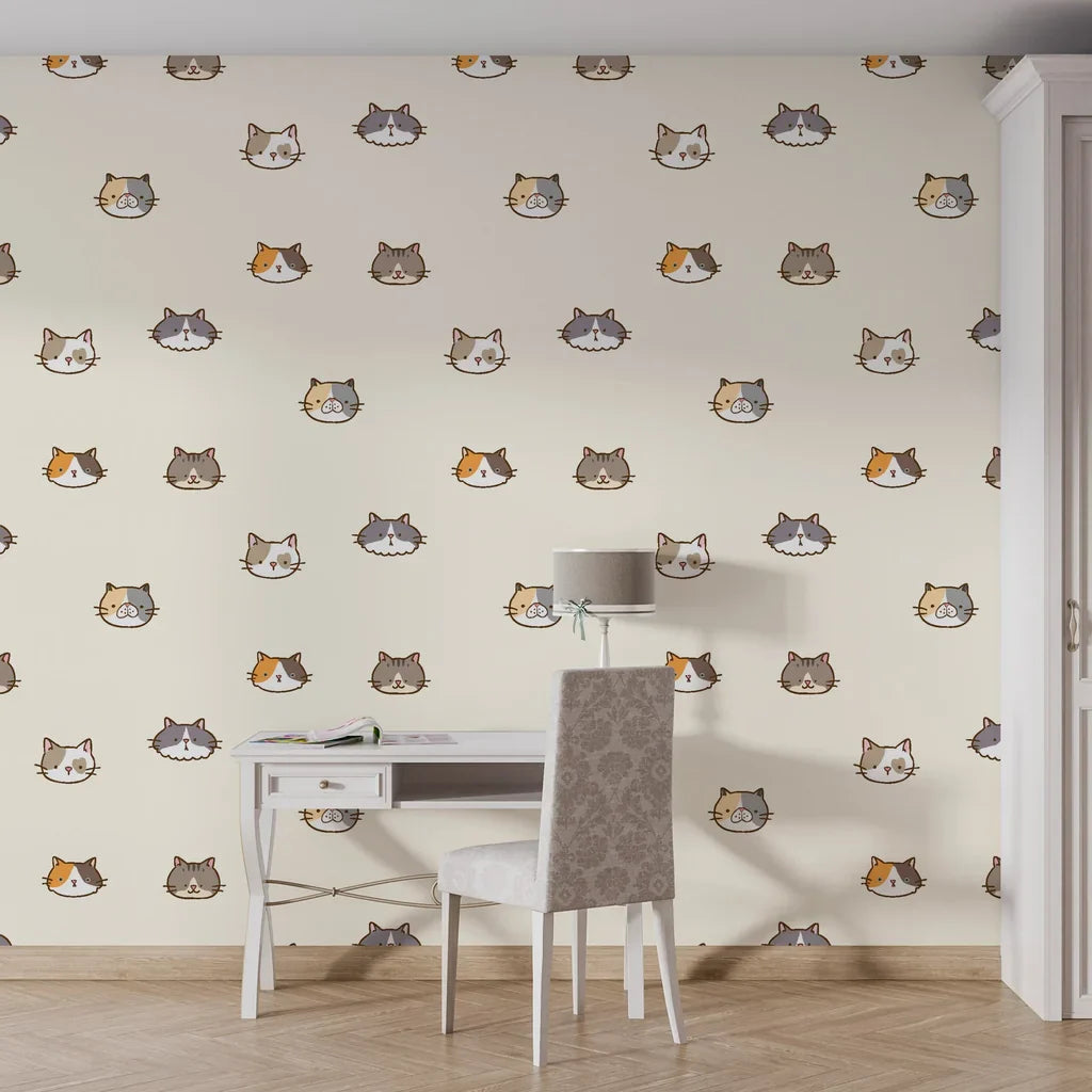 Minimalist ivory peel and stick wallpaper featuring a repeating pattern of tiny kitten faces - Purr Mirage