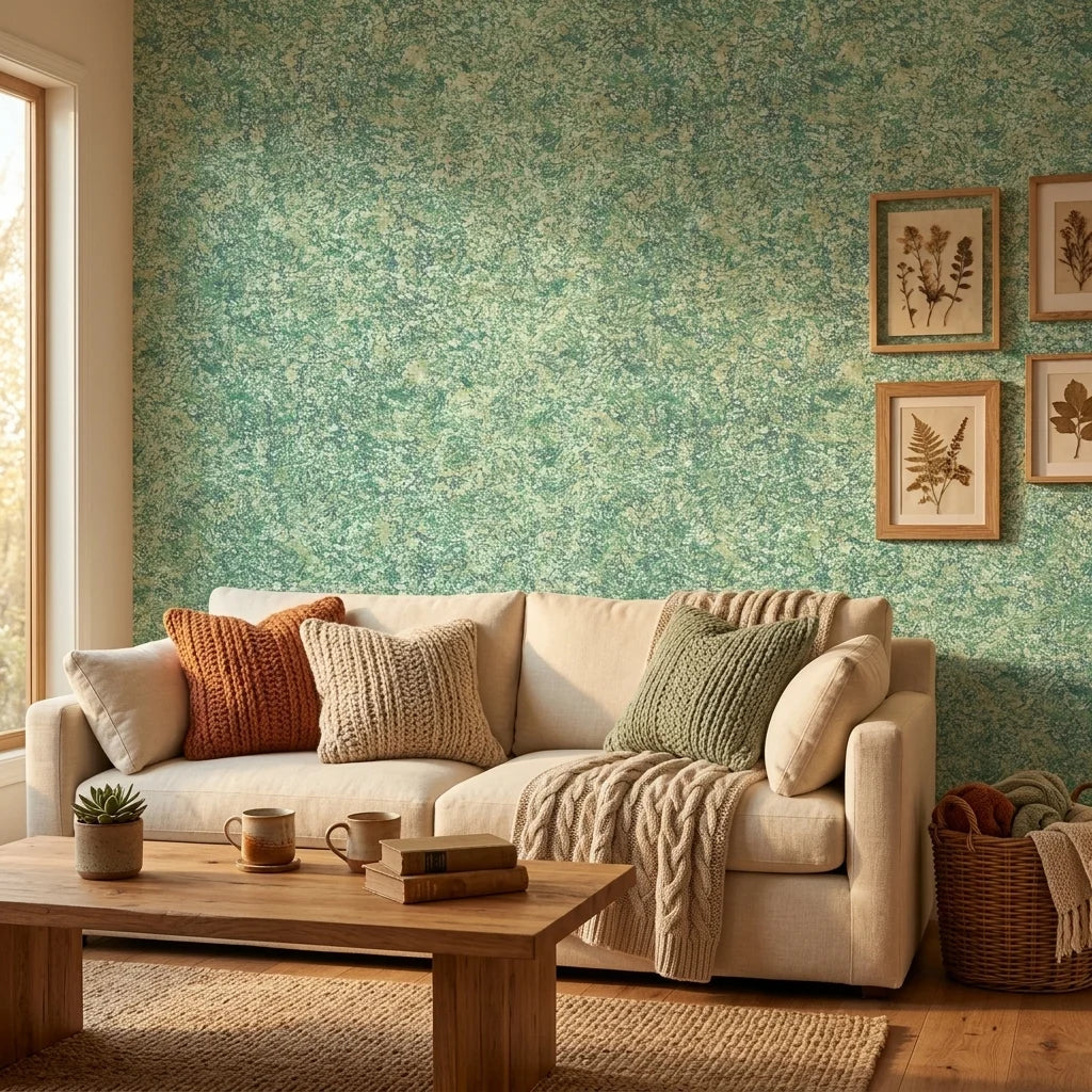 Quiet Camo serene green abstract wallpaper in a warm and inviting living room