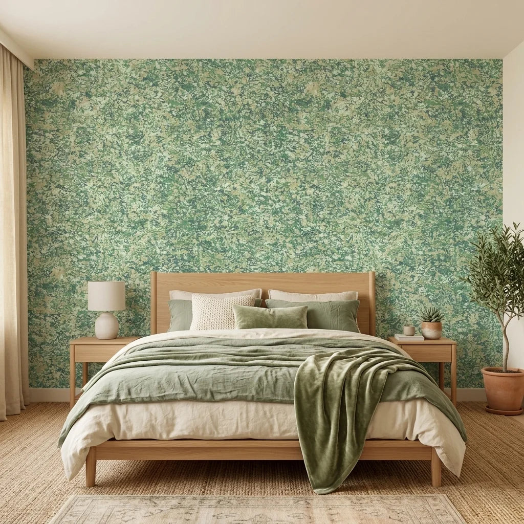 Quiet Camo serene green abstract wallpaper adding character to a cozy bedroom