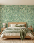 Quiet Camo serene green abstract wallpaper adding character to a cozy bedroom