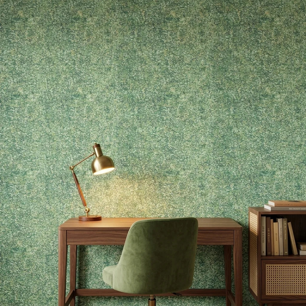 Quiet Camo serene green abstract wallpaper as a feature wall in a bright home office