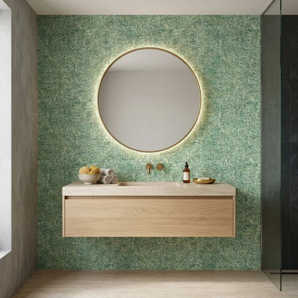 Quiet Camo serene green abstract wallpaper creating ambiance in a serene bathroom