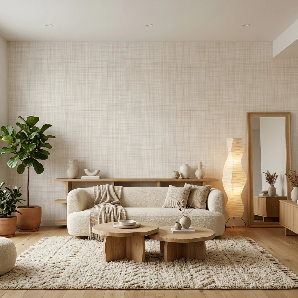 Quiet Cloth serene beige linen texture wallpaper in a warm and inviting living room