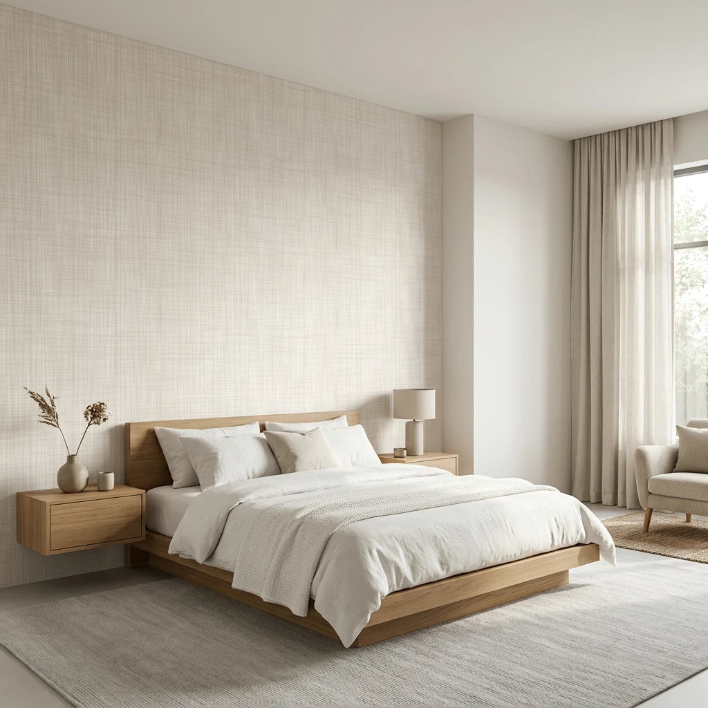 Quiet Cloth serene beige linen texture wallpaper adding character to a cozy bedroom