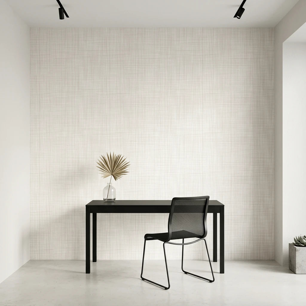 Quiet Cloth serene beige linen texture wallpaper as a feature wall in a bright home office