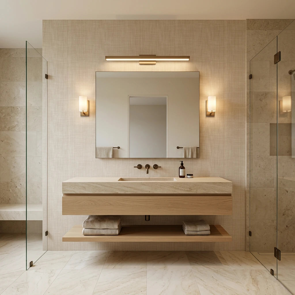 Quiet Cloth serene beige linen texture wallpaper creating ambiance in a serene bathroom