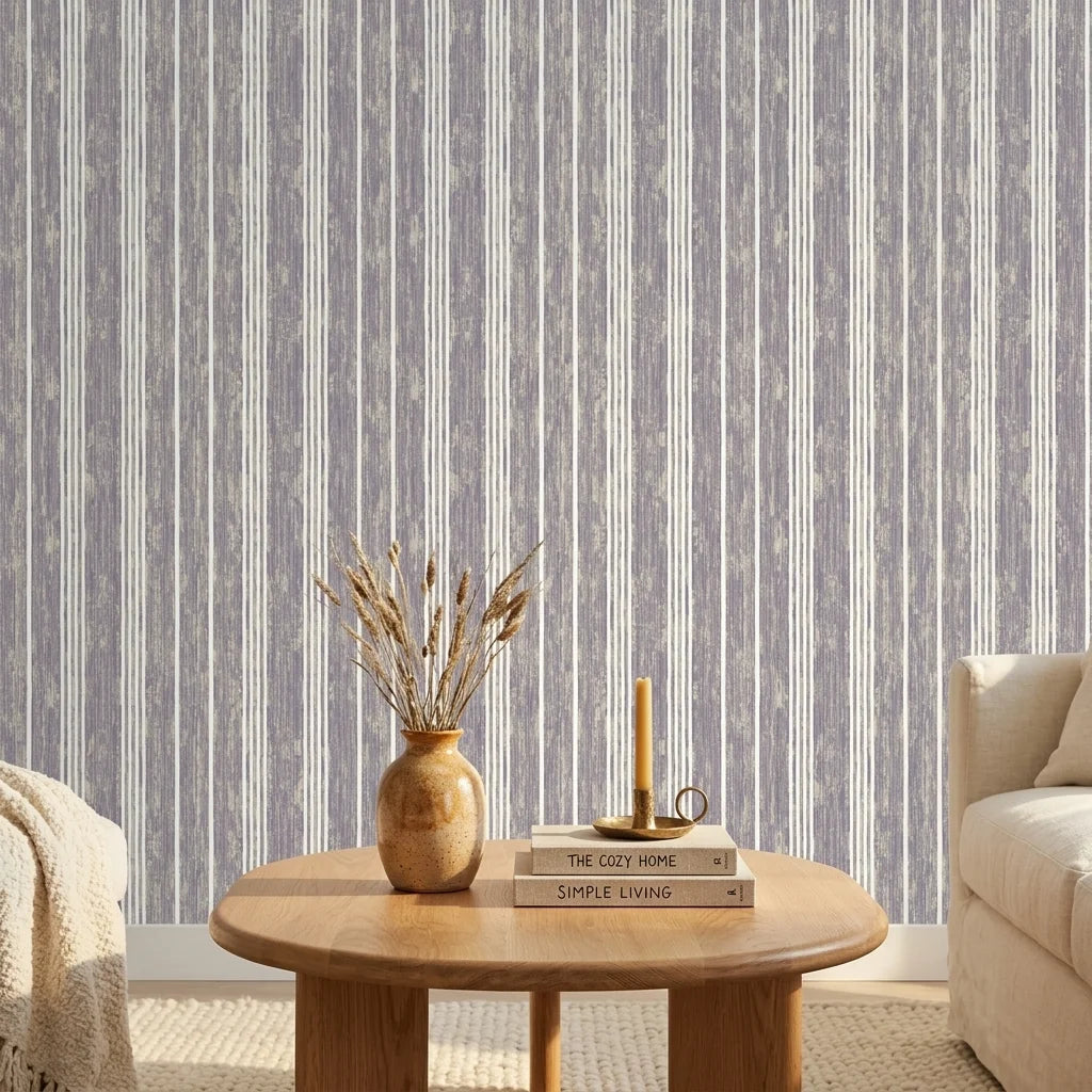 Quiet Dusk textured lavender striped wallpaper in a warm and inviting living room
