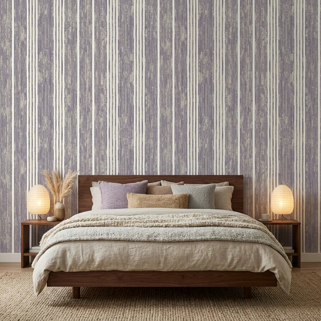 Quiet Dusk textured lavender striped wallpaper adding character to a cozy bedroom