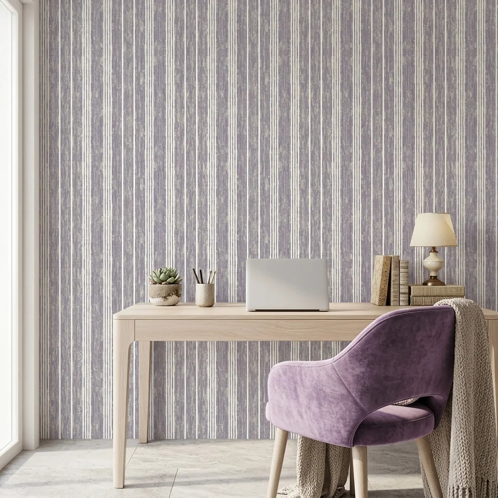 Quiet Dusk textured lavender striped wallpaper as a feature wall in a bright home office
