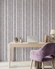 Quiet Dusk textured lavender striped wallpaper as a feature wall in a bright home office