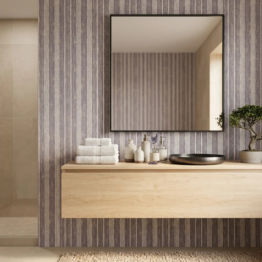 Quiet Dusk textured lavender striped wallpaper creating ambiance in a serene bathroom