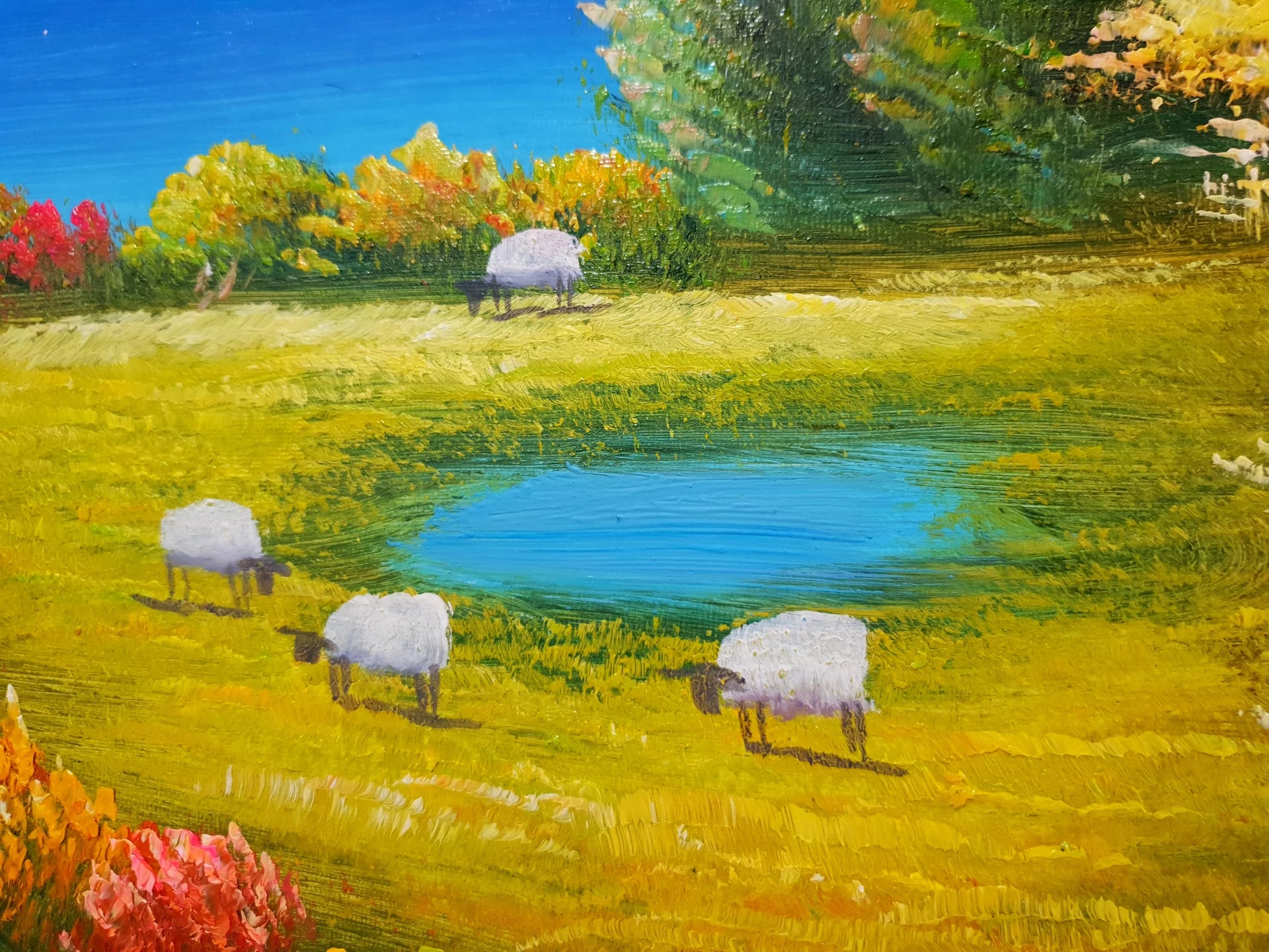 Quiet Flock golden pastoral countryside landscape wallpaper creating ambiance in a serene bathroom
