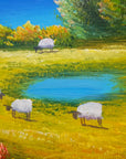 Quiet Flock golden pastoral countryside landscape wallpaper creating ambiance in a serene bathroom