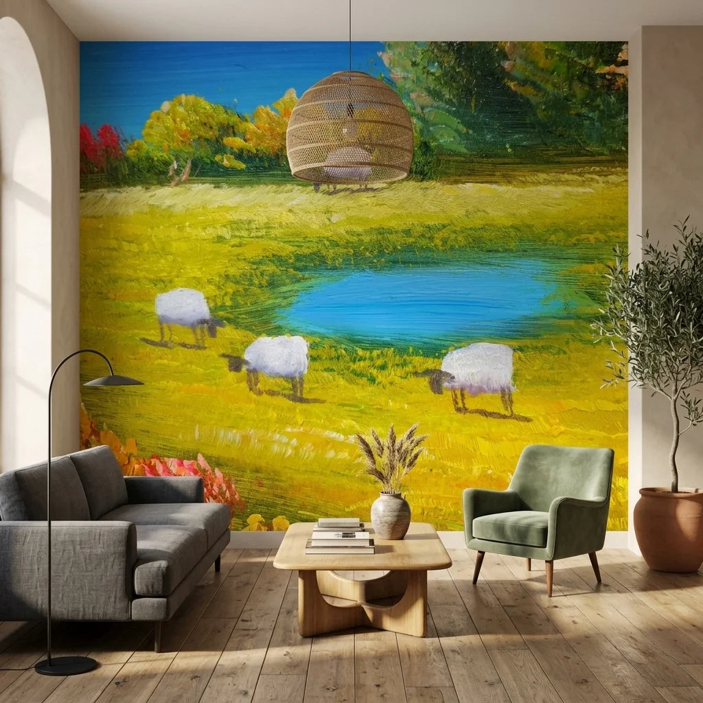 Canvas-like golden pastoral sheep countryside peel and stick wallpaper - Quiet Flock