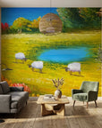 Canvas-like golden pastoral sheep countryside peel and stick wallpaper - Quiet Flock