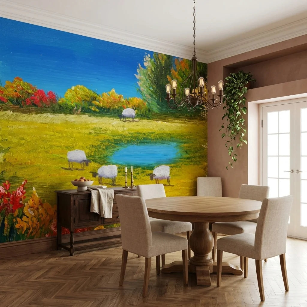 Quiet Flock golden pastoral countryside landscape wallpaper in a warm and inviting living room
