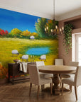 Quiet Flock golden pastoral countryside landscape wallpaper in a warm and inviting living room