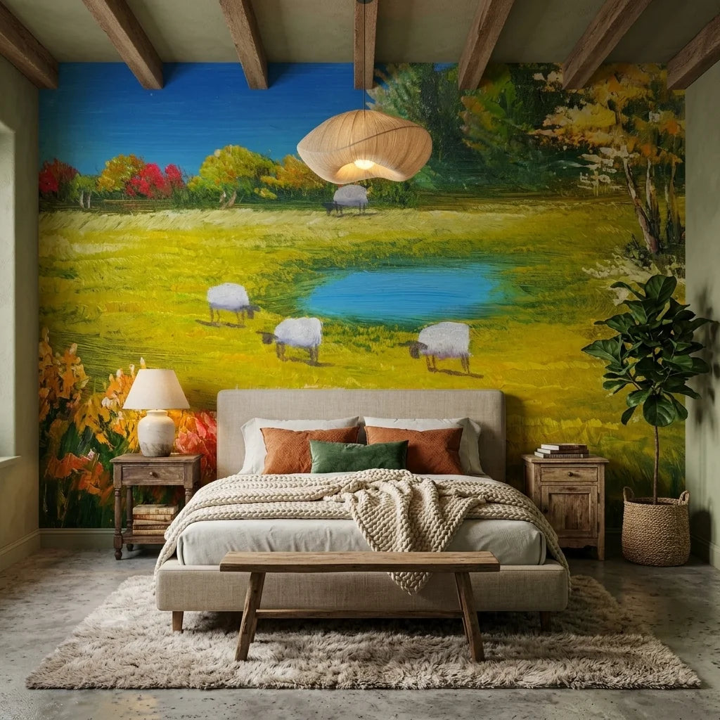 Quiet Flock golden pastoral countryside landscape wallpaper adding character to a cozy bedroom
