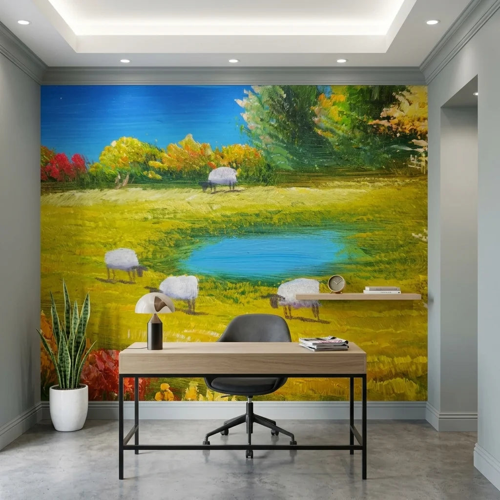Quiet Flock golden pastoral countryside landscape wallpaper as a feature wall in a bright home office