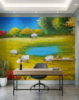 Quiet Flock golden pastoral countryside landscape wallpaper as a feature wall in a bright home office