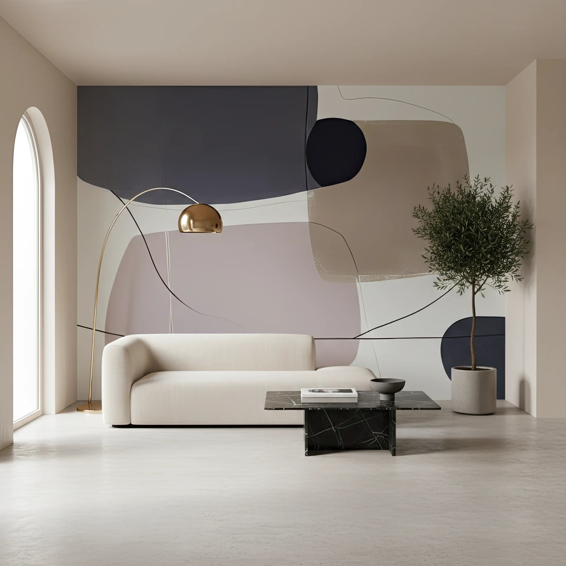 Restful removable wallpaper in cool neutral abstract shapes