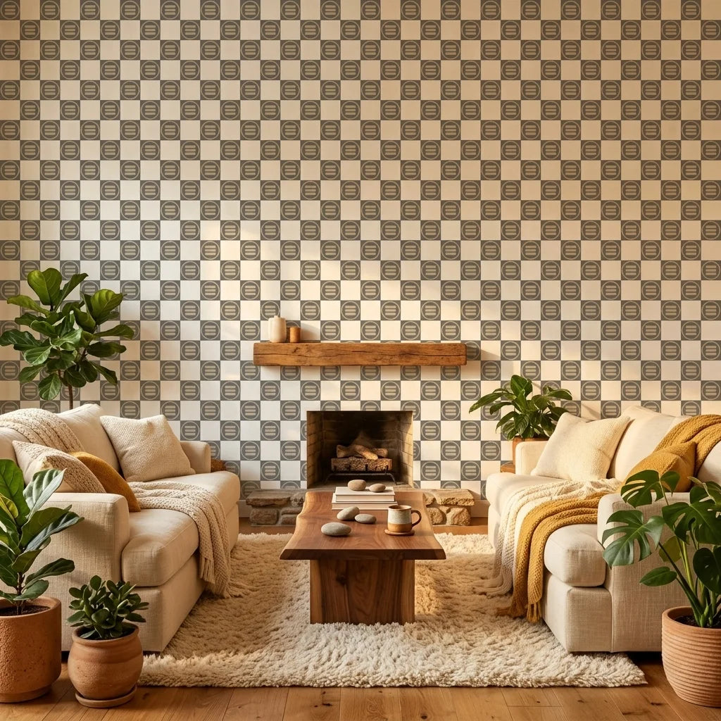 Quiet Game grey and white checkerboard wallpaper creating ambiance in a serene bathroom