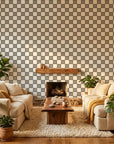 Quiet Game grey and white checkerboard wallpaper creating ambiance in a serene bathroom