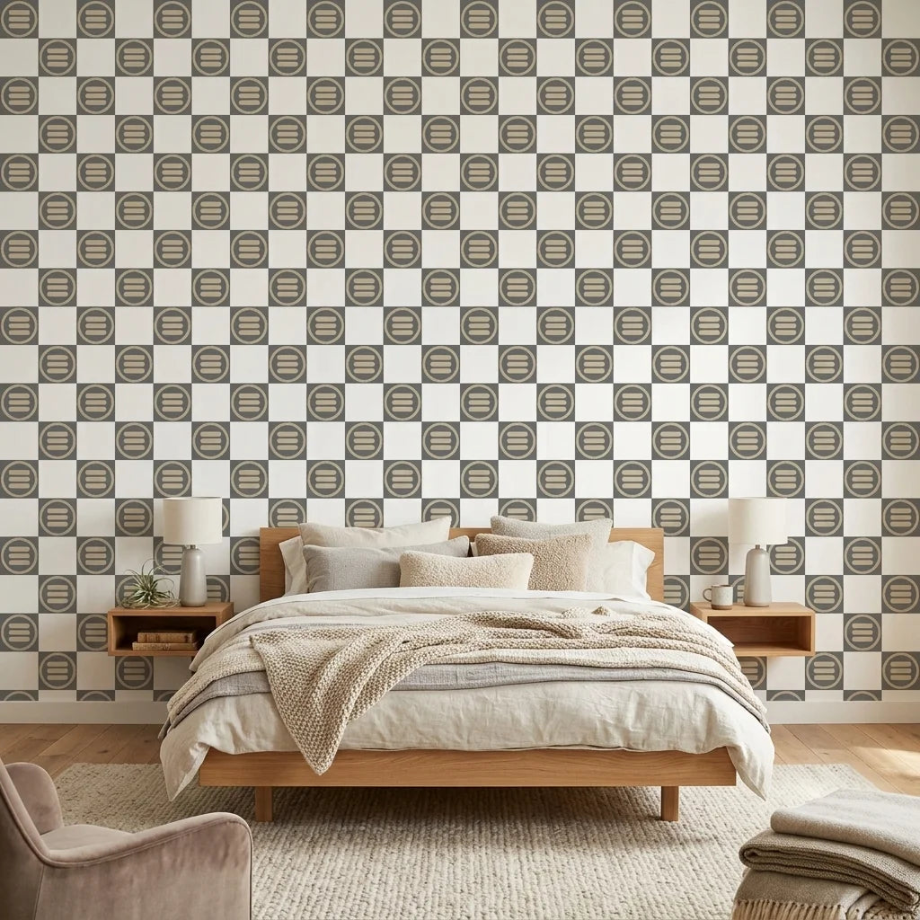 Quiet Game grey and white checkerboard wallpaper in a warm and inviting living room