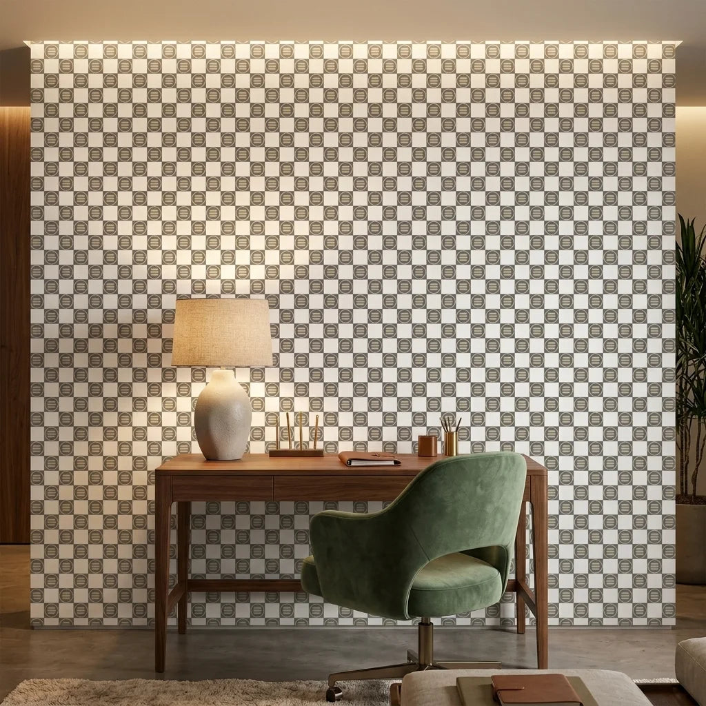 Quiet Game grey and white checkerboard wallpaper adding character to a cozy bedroom