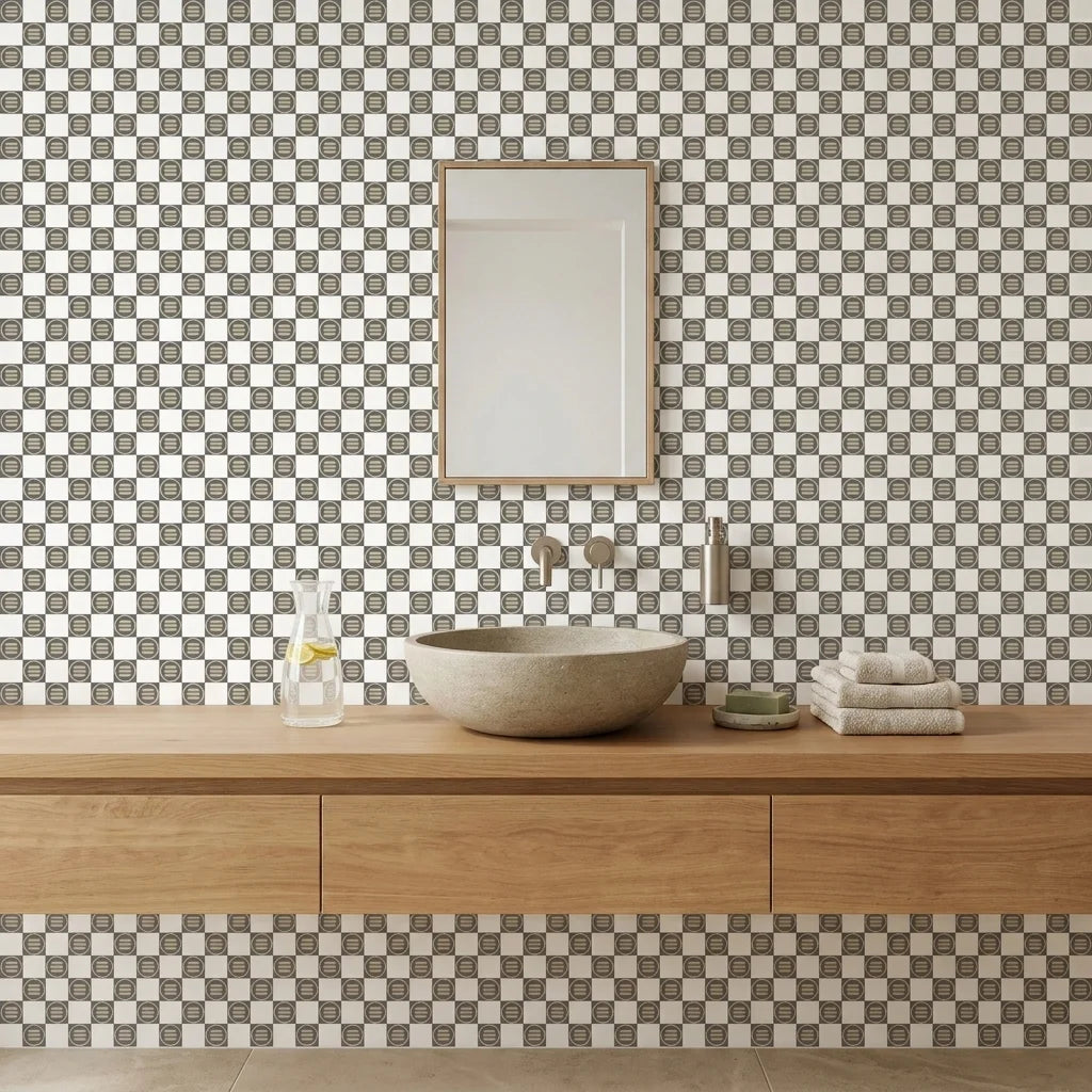 Quiet Game grey and white checkerboard wallpaper as a feature wall in a bright home office