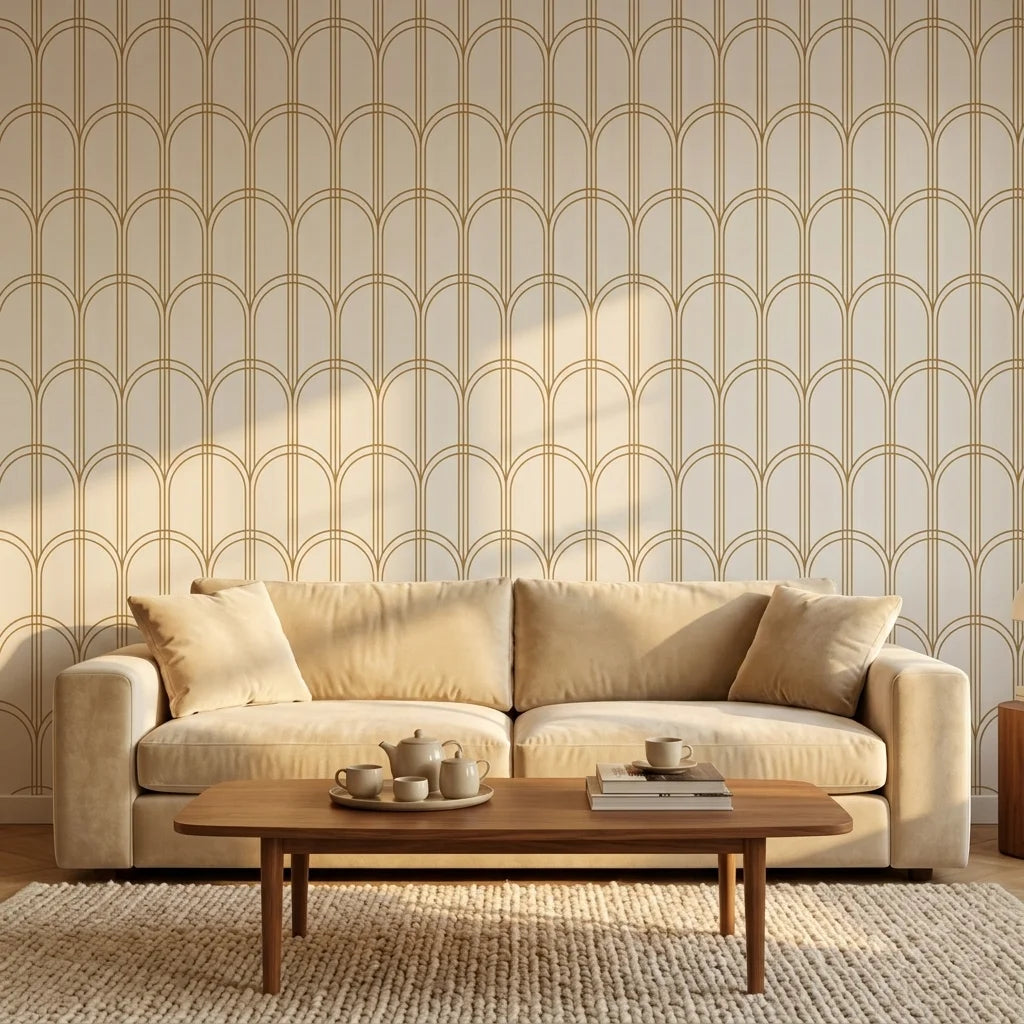 Quiet Grace gold and cream minimalist arc wallpaper creating ambiance in a serene bathroom