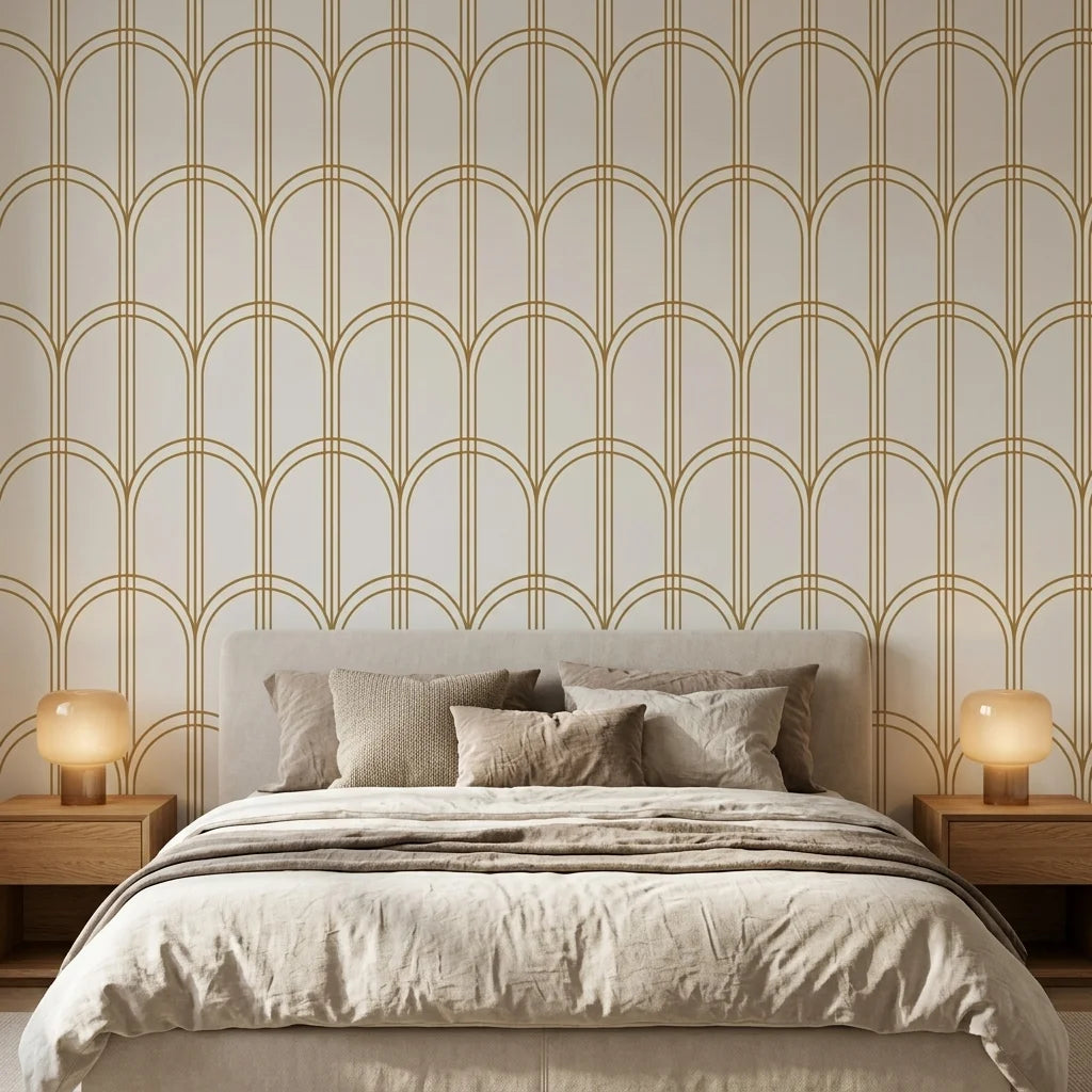 Quiet Grace gold and cream minimalist arc wallpaper in a warm and inviting living room