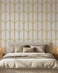 Quiet Grace gold and cream minimalist arc wallpaper in a warm and inviting living room