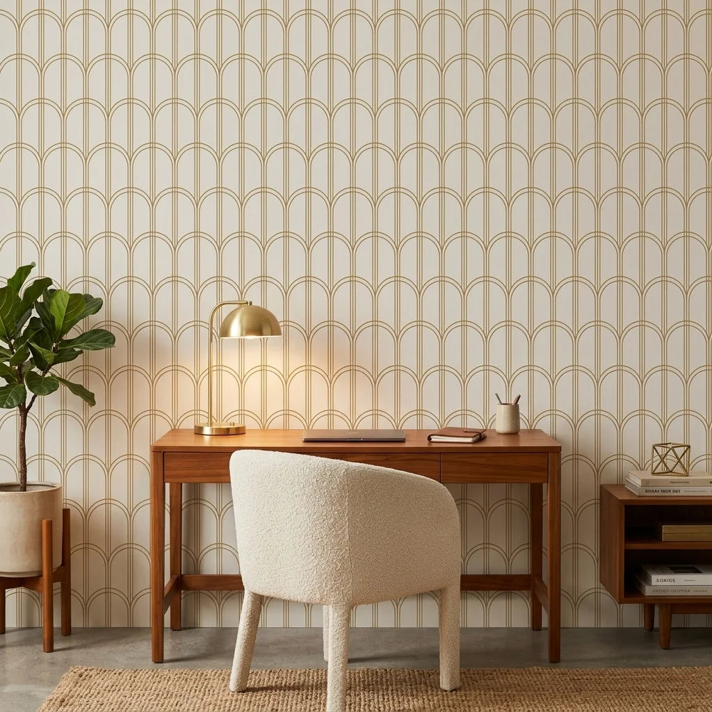 Quiet Grace gold and cream minimalist arc wallpaper adding character to a cozy bedroom