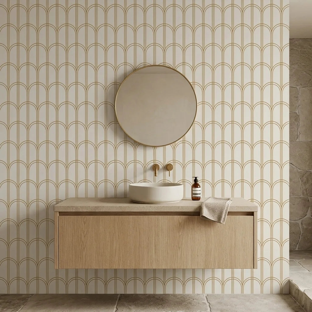 Quiet Grace gold and cream minimalist arc wallpaper as a feature wall in a bright home office