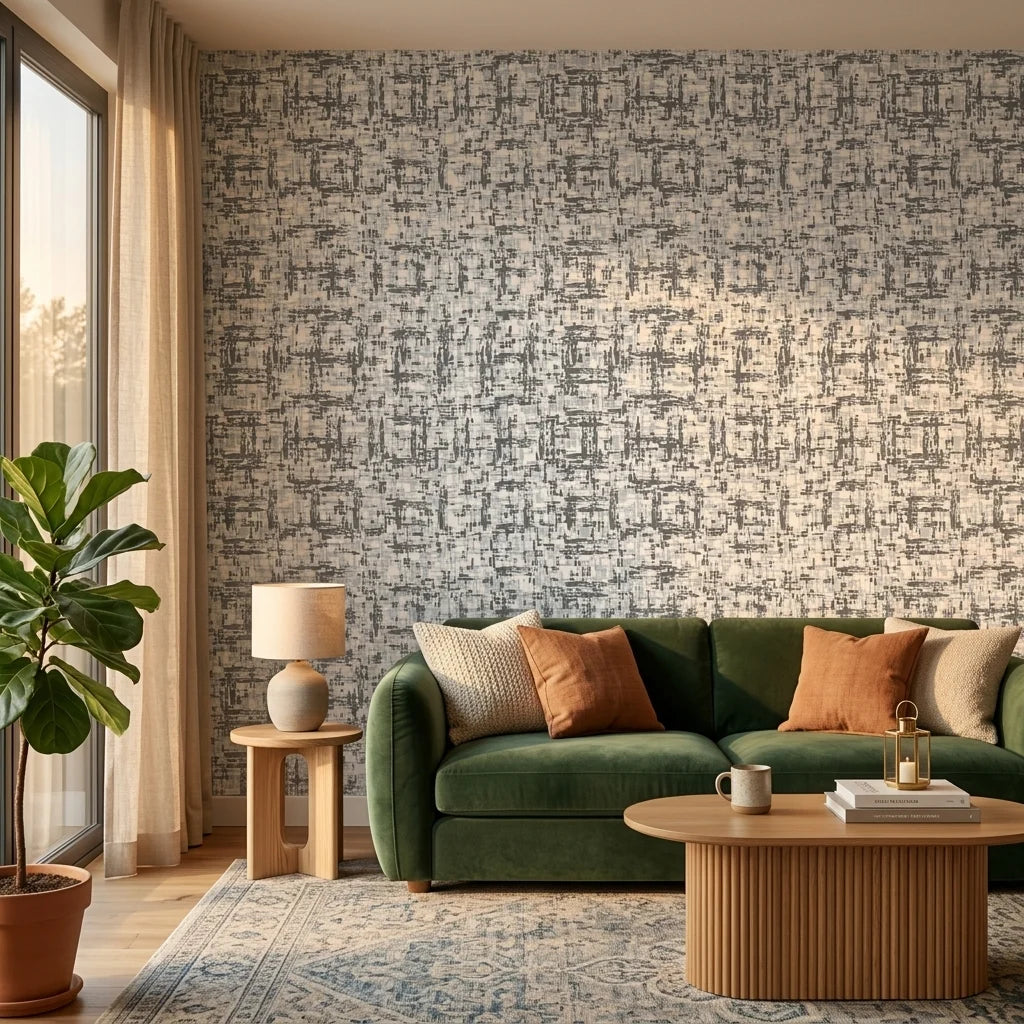 Quiet Herringbone neutral abstract peel and stick wallpaper in a warm and inviting living room