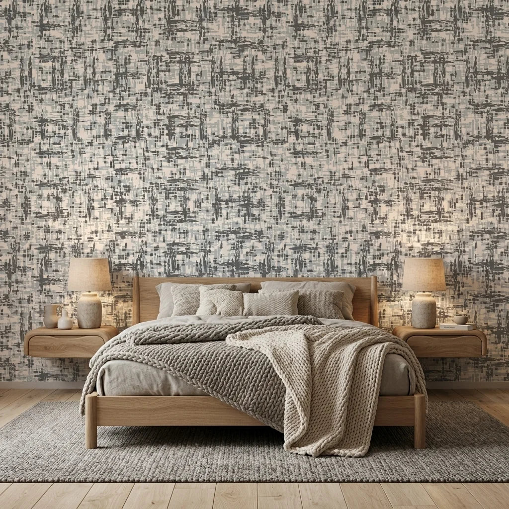 Quiet Herringbone neutral abstract peel and stick wallpaper adding character to a cozy bedroom