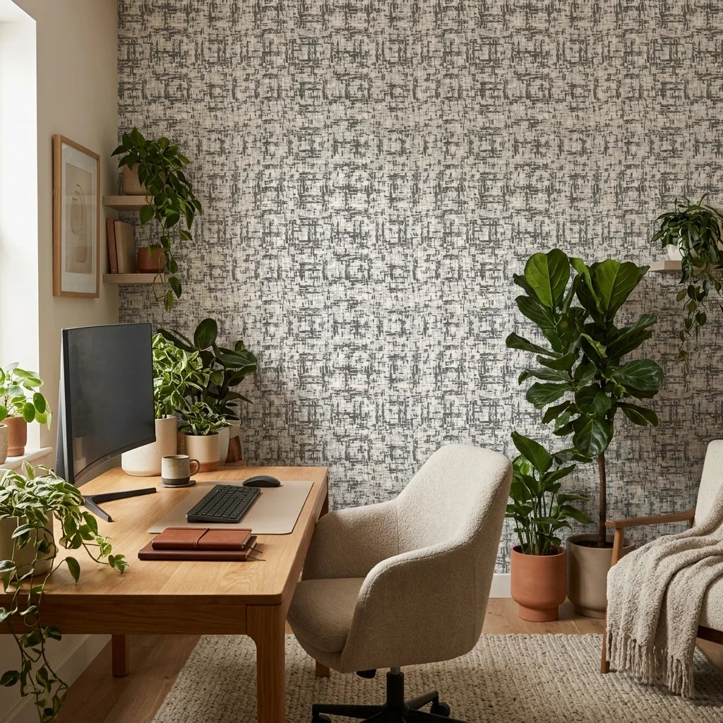 Quiet Herringbone neutral abstract peel and stick wallpaper as a feature wall in a bright home office