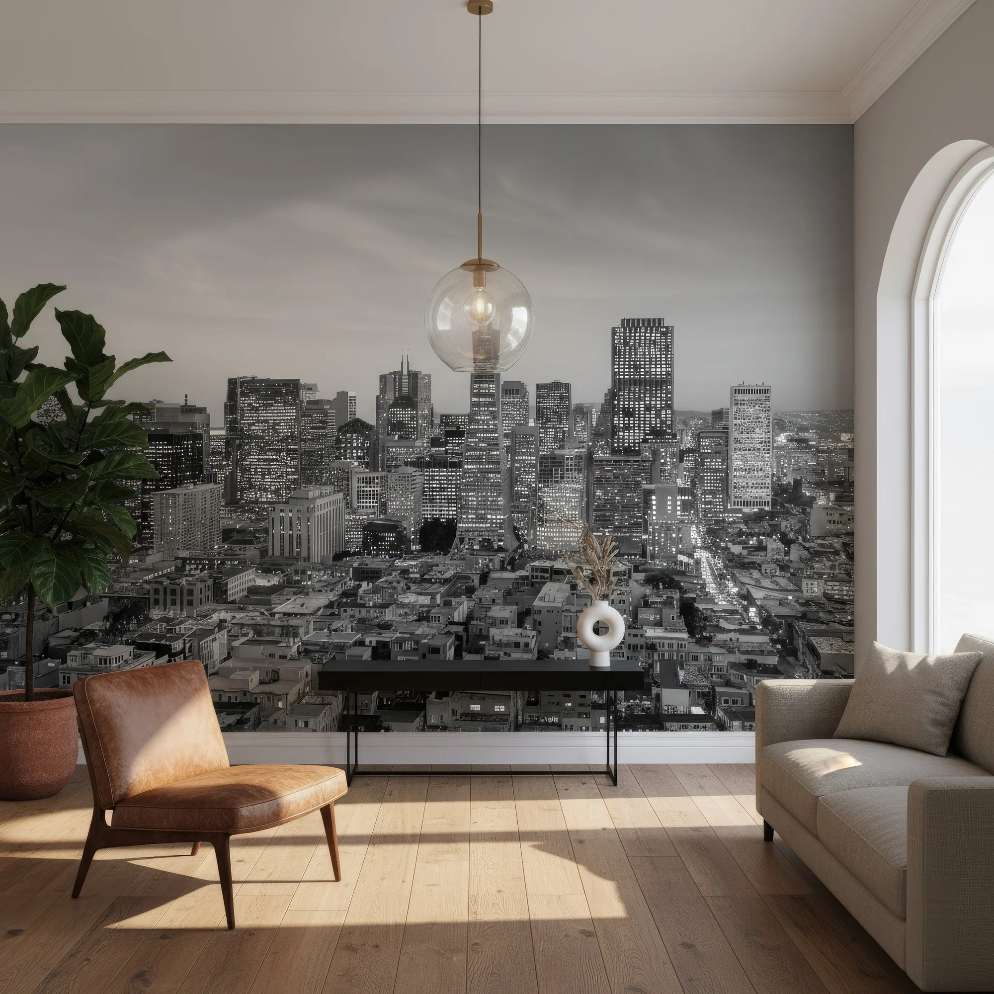 Black and white Quiet Hours city skyline wallpaper mural on modern living room accent wall