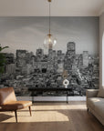 Black and white Quiet Hours city skyline wallpaper mural on modern living room accent wall