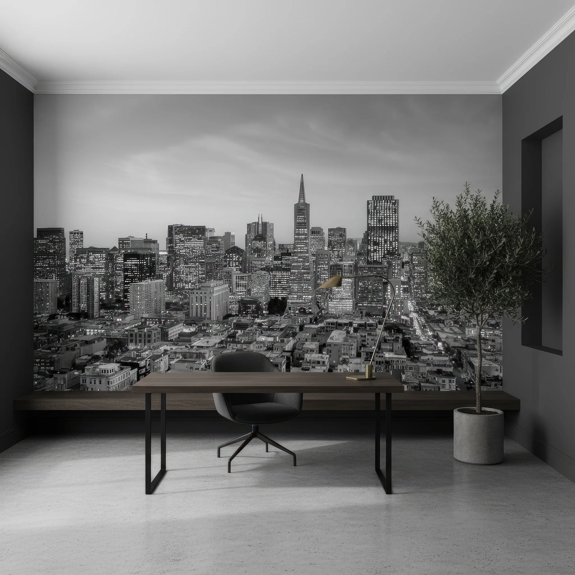 Black and white San Francisco cityscape Quiet Hours wallpaper in modern minimalist home office