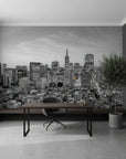 Black and white San Francisco cityscape Quiet Hours wallpaper in modern minimalist home office